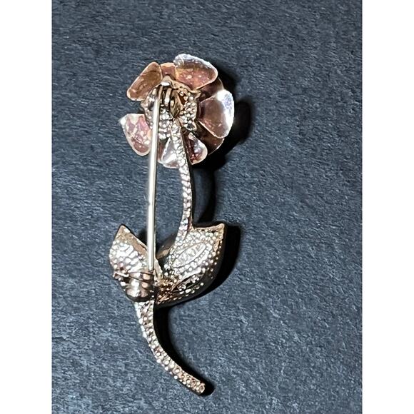 Vintage Avon Rose Flower Brooch Pin Ruby Red Rhinestone Silver Tone - Picture 3 of 5